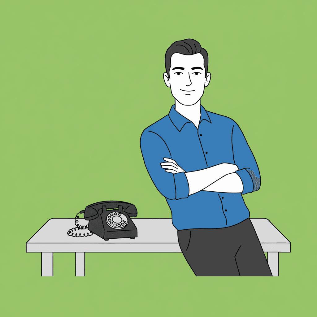 Kai standing beside a rotary phone